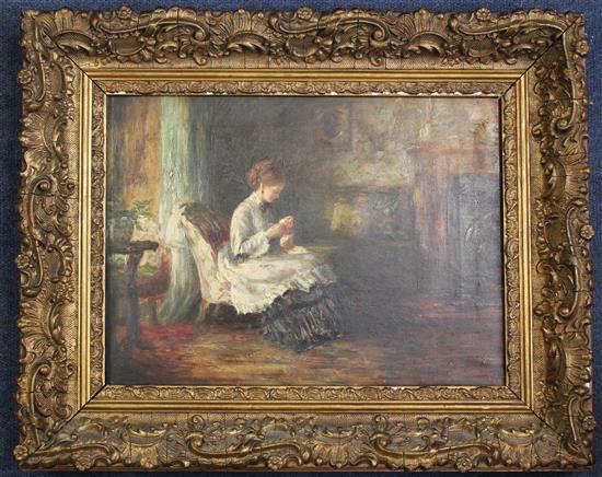 Victorian School Interior with lady sewing, 10 x 13.5in.